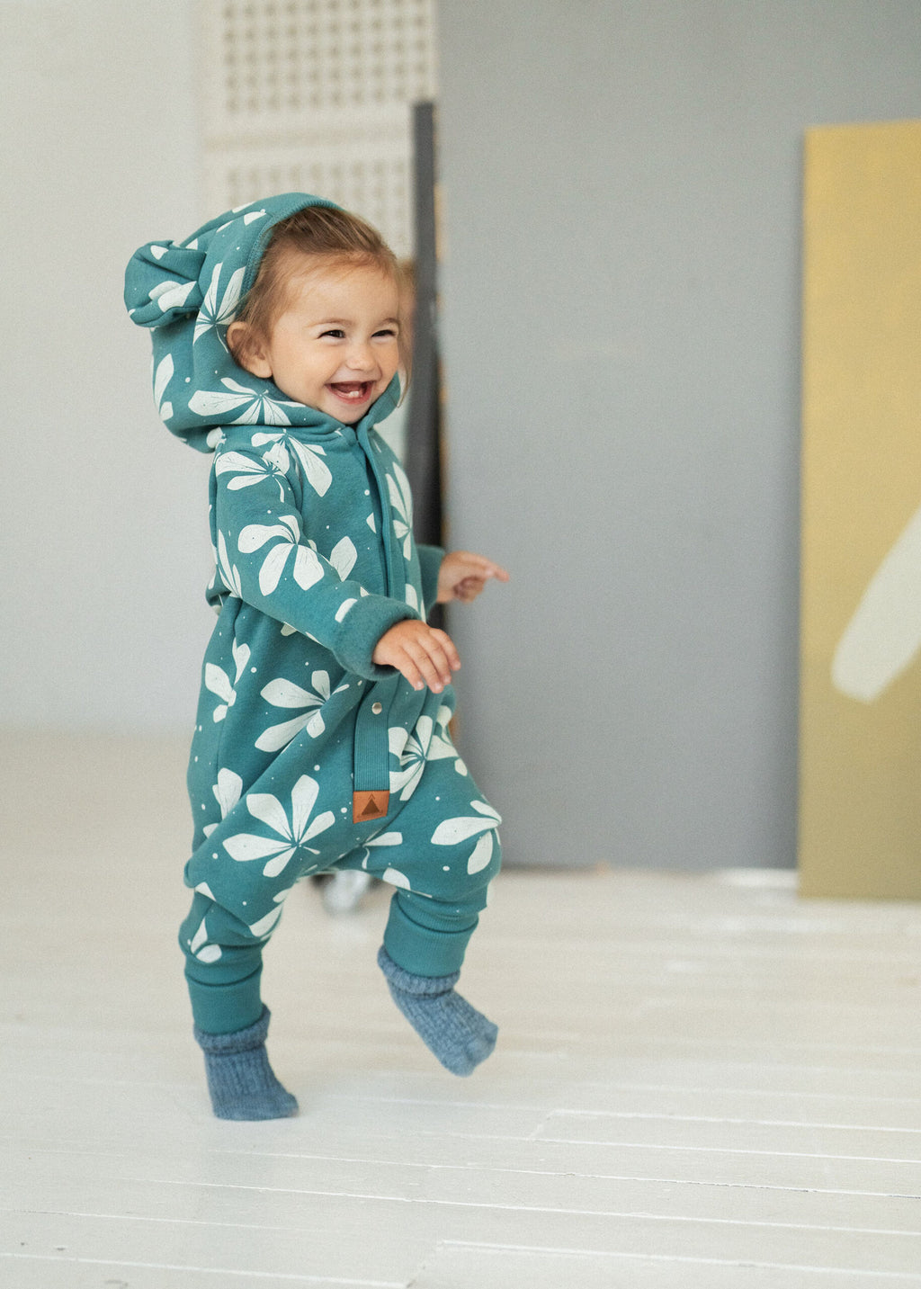 Eared Jumpsuit for Babies and Kids - Chestnut Leaves on Green