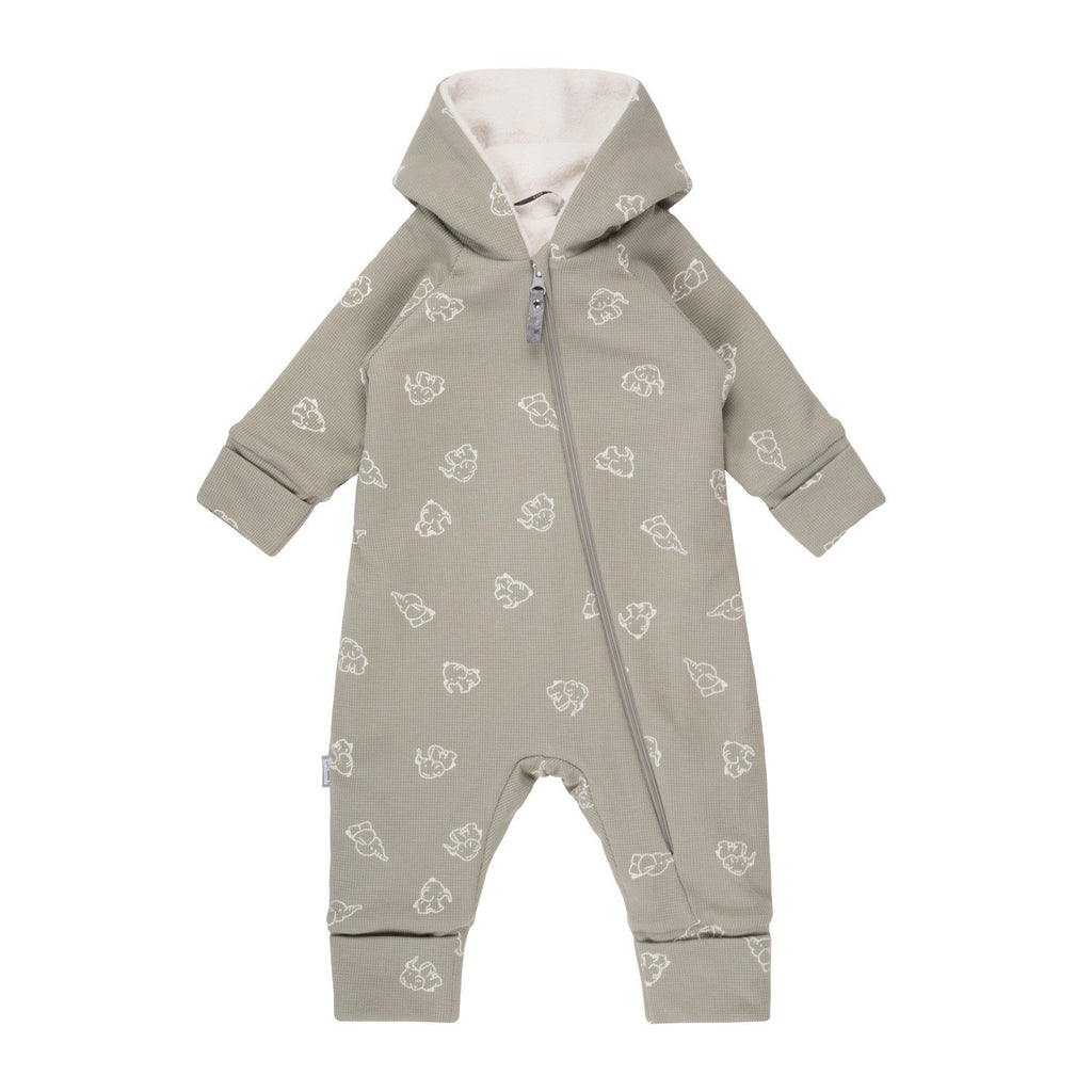 Hooded Cotton Fleece Baby Romper – Khaki Elephants by Lenne