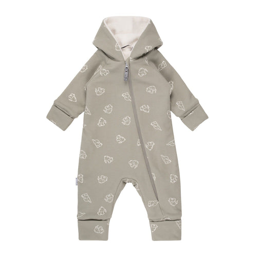 Hooded Cotton Fleece Baby Romper – Khaki Elephants by Lenne