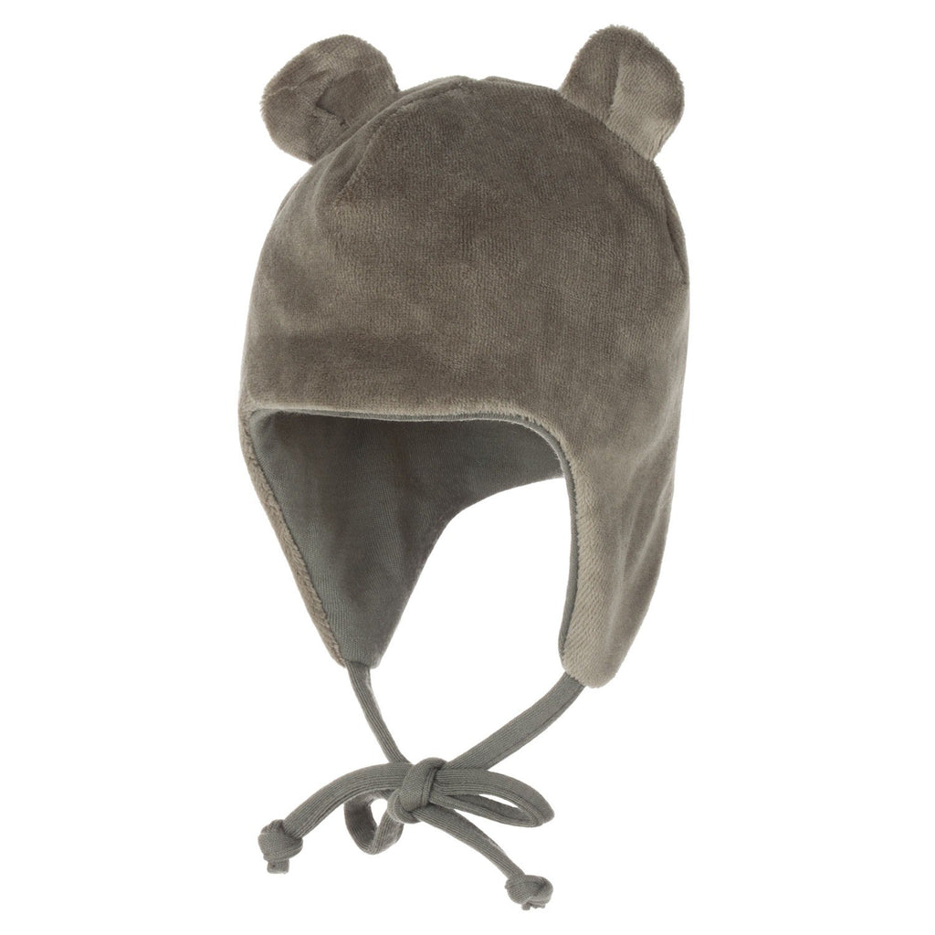 Khaki Green Cotton Velvet Baby Hat with Merino Wool Lining