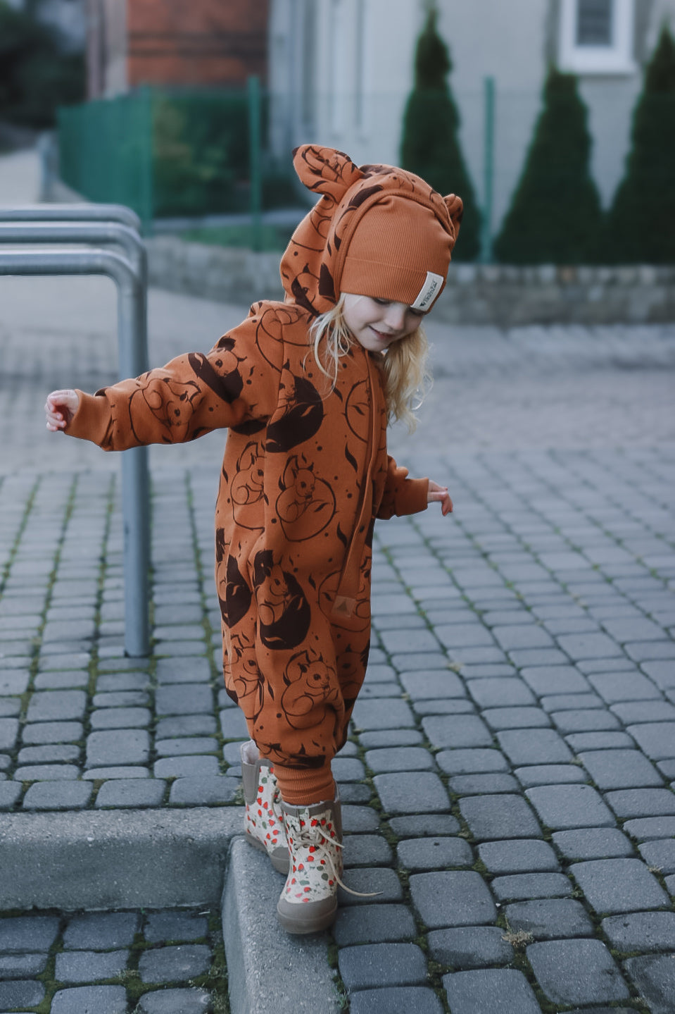Eared Baby Jumpsuit – Cinnamon with Squirrels – view 4