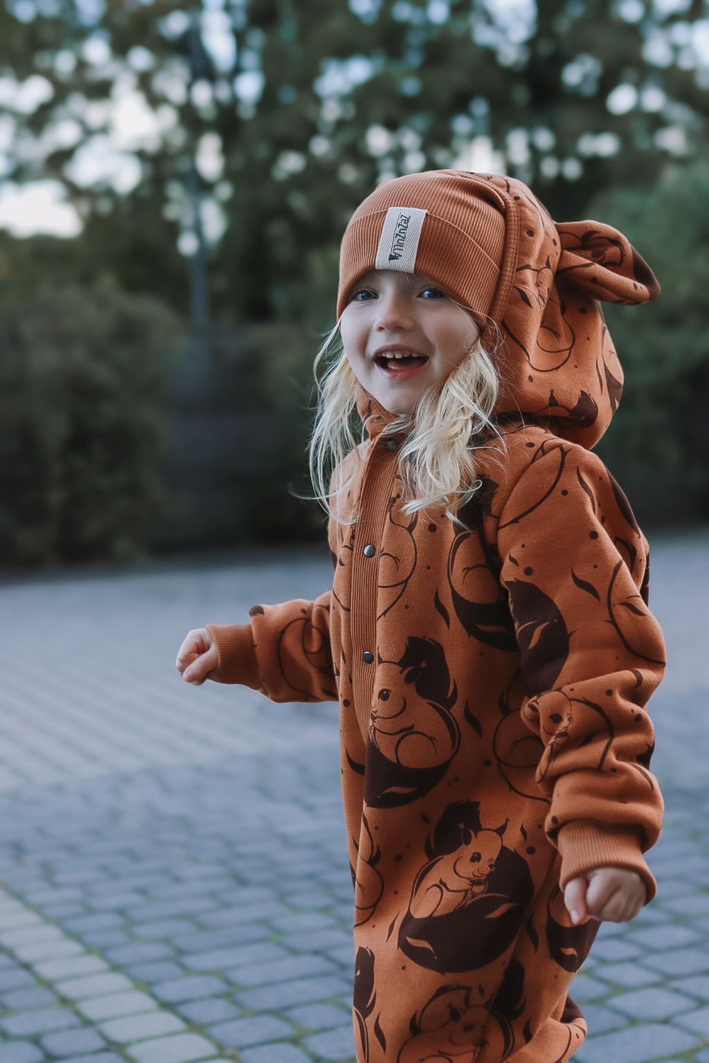 Eared Baby Jumpsuit – Cinnamon with Squirrels – view 3