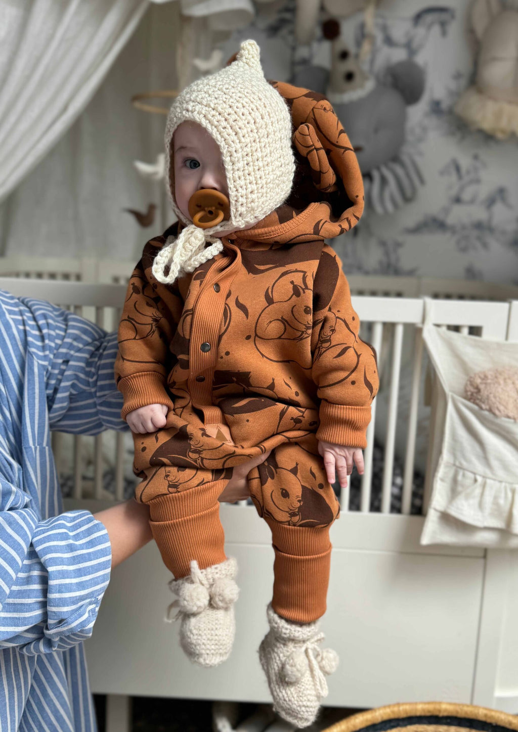 Eared Baby Jumpsuit – Cinnamon with Squirrels – view 6