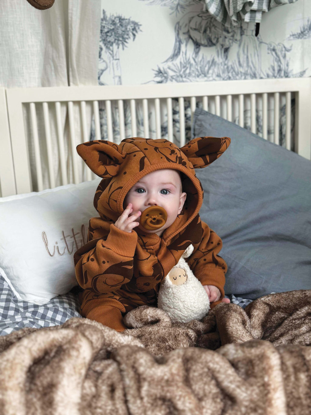 Eared Baby Jumpsuit – Cinnamon with Squirrels – view 2