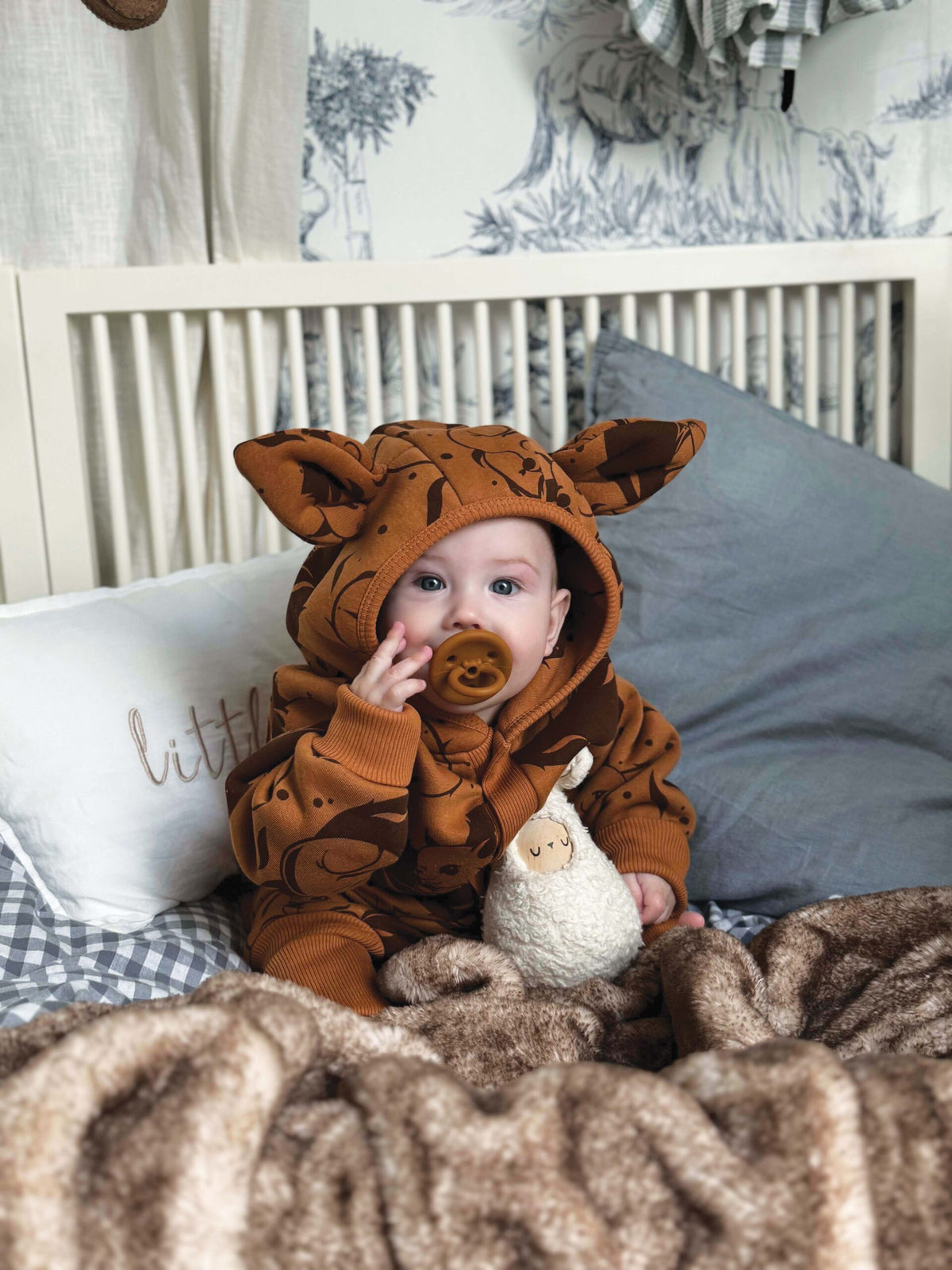 Eared Baby Jumpsuit – Cinnamon with Squirrels – view 2