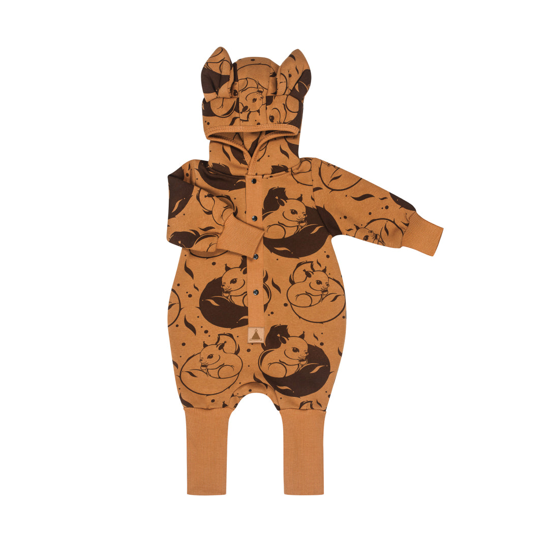 Eared Baby Jumpsuit – Cinnamon with Squirrels by Zezuzulla